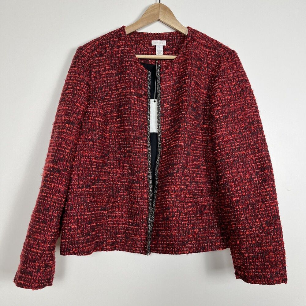 NWT Chico’s Women Open Front‎ Jacket Embellished Tweed Blazer Red Black Size 2